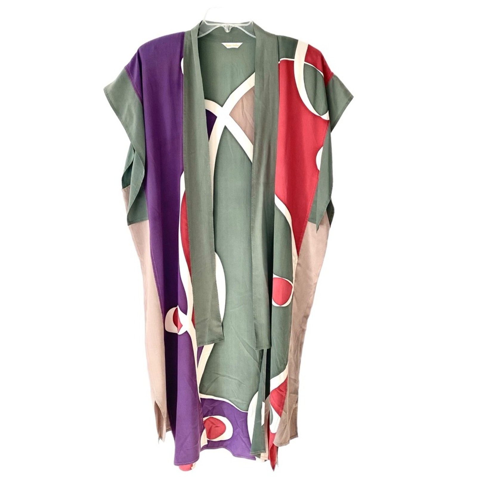 Vintage Laura Salome Silk Open Green Tan Multicolor Kimono Long Tunic One Size